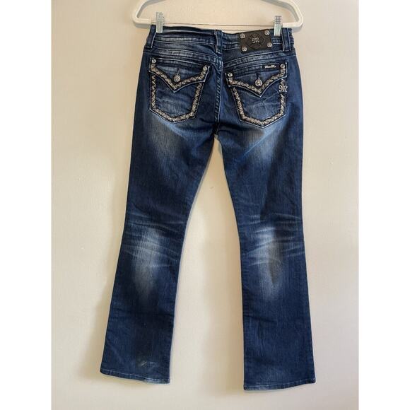 Miss Me Size 29 Dark Wash Jeans Signature Rise Boot Pockets Distressed Embroider - Picture 1 of 8